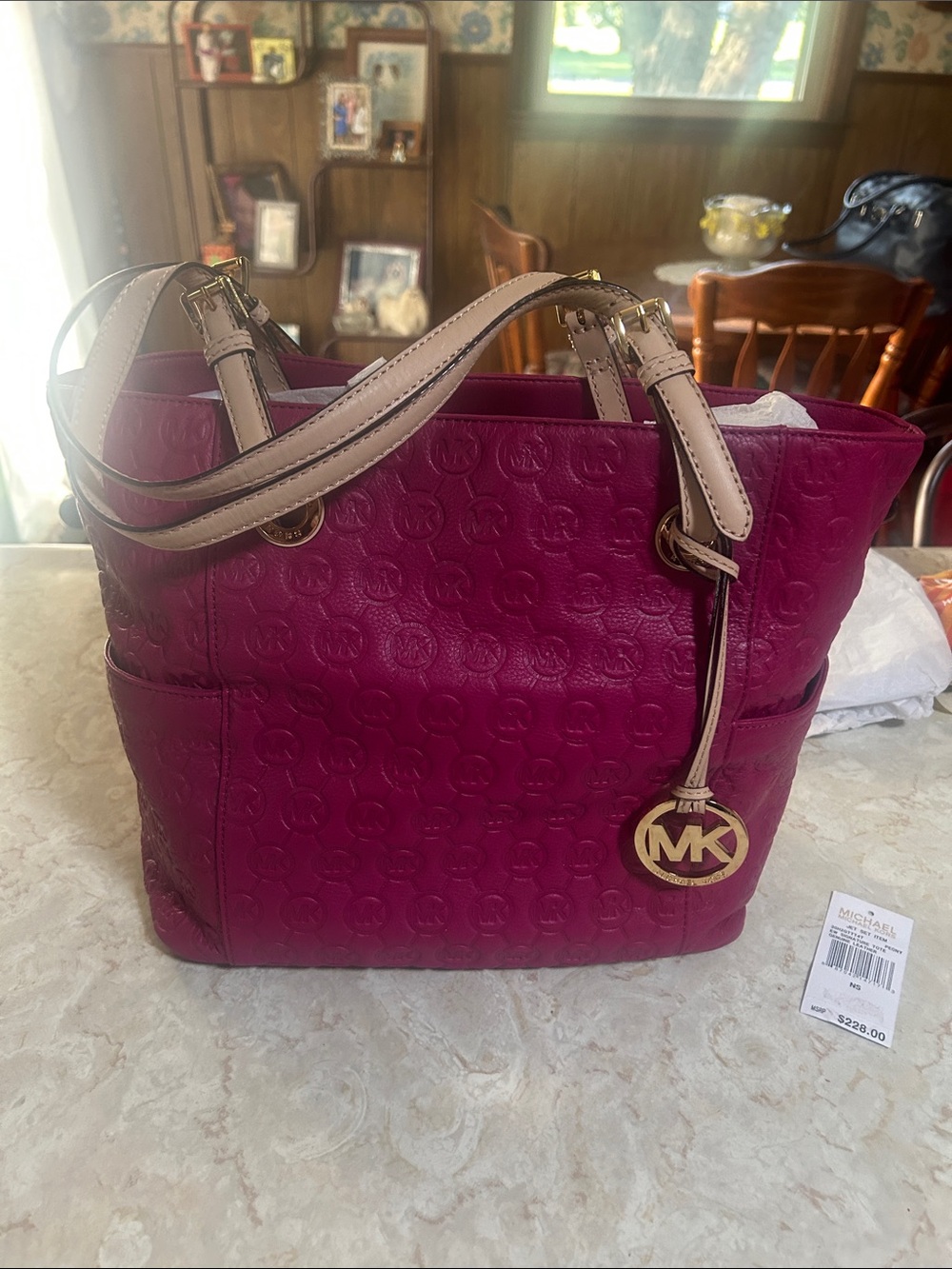MICHAEL Michael Kors Fuchsia Tote with Beige Straps and Gold MK Charm